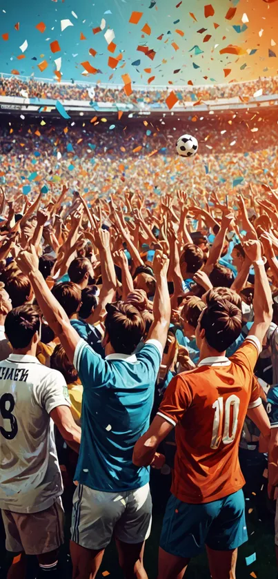 A vibrant soccer crowd celebrates with colorful confetti.