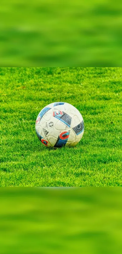 Soccer ball on vibrant green field wallpaper.