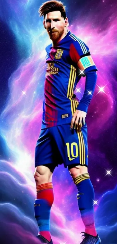 Soccer player in vibrant galaxy background.