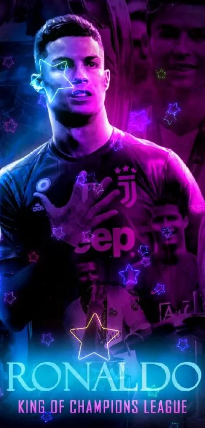 Mobile wallpaper featuring a soccer legend in vibrant blue and purple hues.