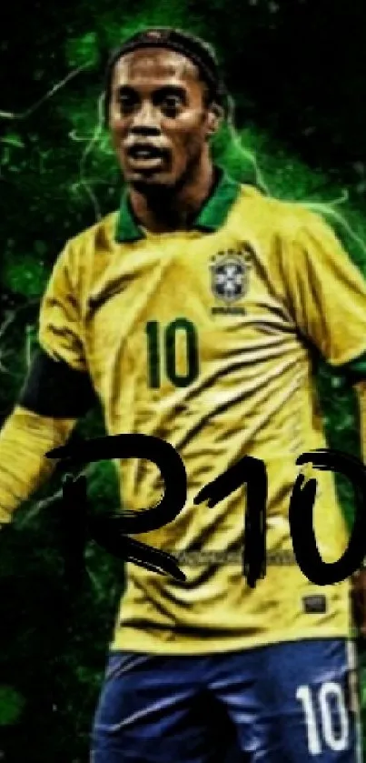 Green themed soccer legend mobile wallpaper with R10 graphic.