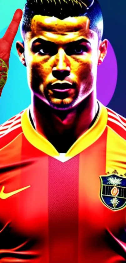 Vibrant soccer-themed wallpaper with a colorful athlete in focus.