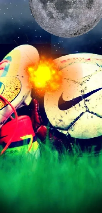Vibrant soccer shoes and ball under a full moon on grass.