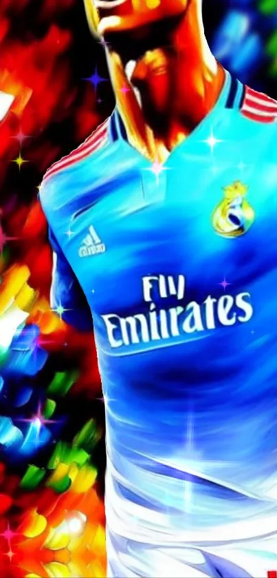 Vibrant digital art of a soccer player in blue.