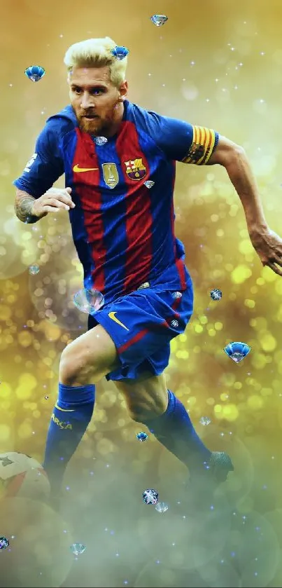 Soccer player in action with vibrant gold background on mobile wallpaper.