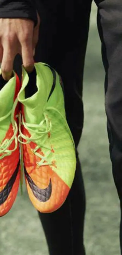 Neon green and orange soccer cleats held by a person in sports attire.