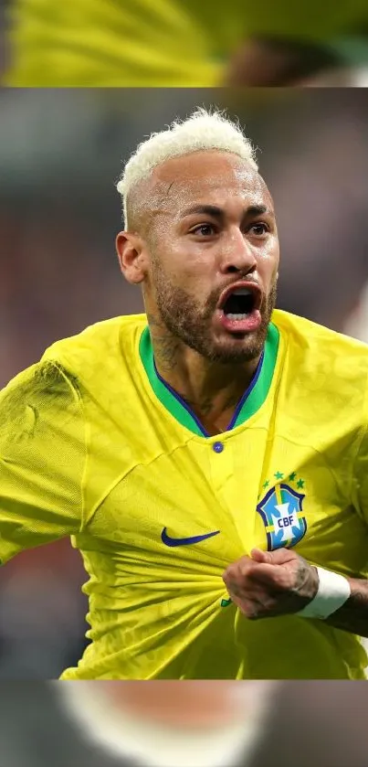 Dynamic soccer player in Brazil's vibrant yellow jersey on the field.