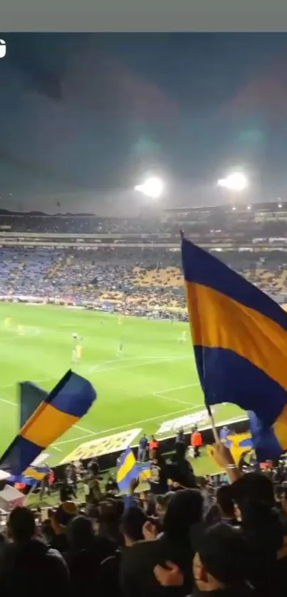 Colorful stadium with fans and flags during a vibrant soccer match.