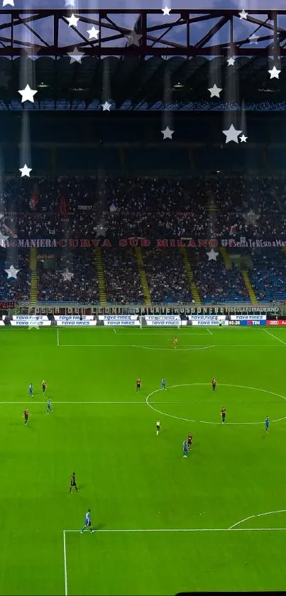 Lively soccer match at a large stadium with bright green field.