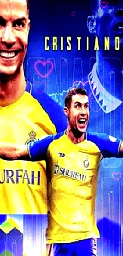 Dynamic soccer player in yellow jersey on vibrant background.