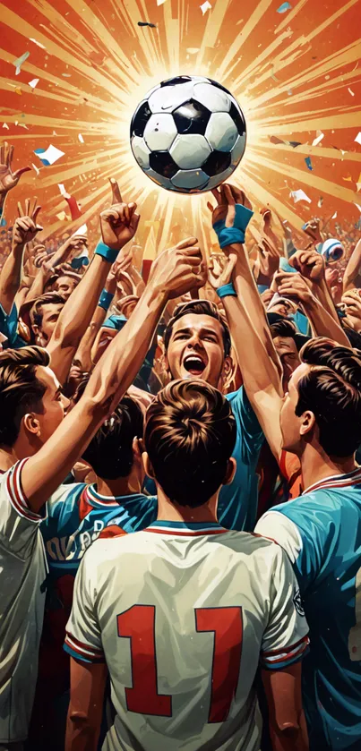 Soccer players celebrating victory under a radiant sky.