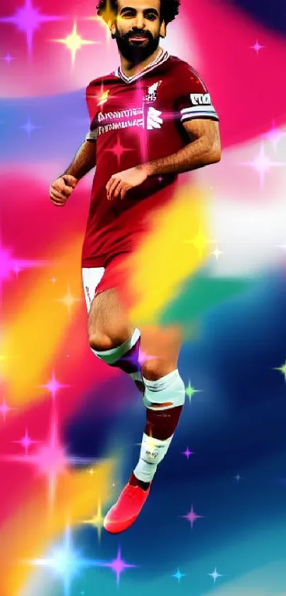 Vibrant soccer-themed mobile wallpaper with athlete and dynamic colors.