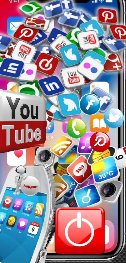 Mobile wallpaper with colorful social media app explosion.