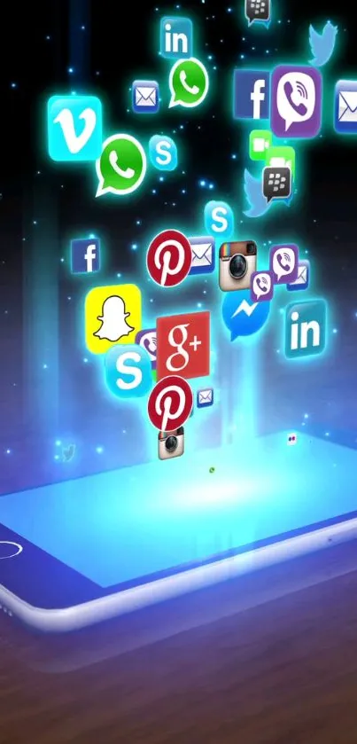 Vibrant social media icons emerging from a smartphone on a digital blue background.