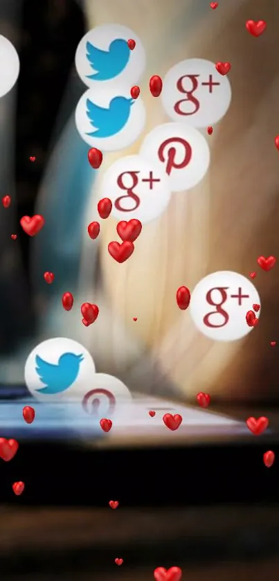 Mobile wallpaper with vibrant social media icons and digital hearts.