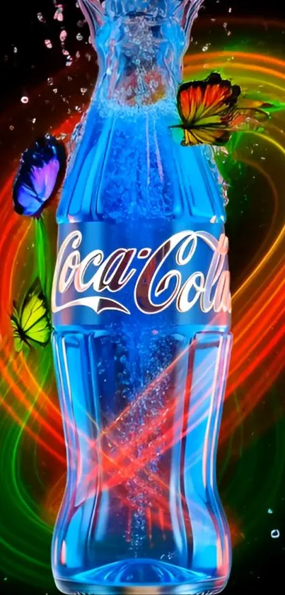 Colorful digital art of a blue soda bottle with neon lights and butterflies.
