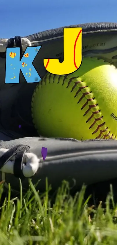 Softball resting in a glove on grass, blue sky backdrop.