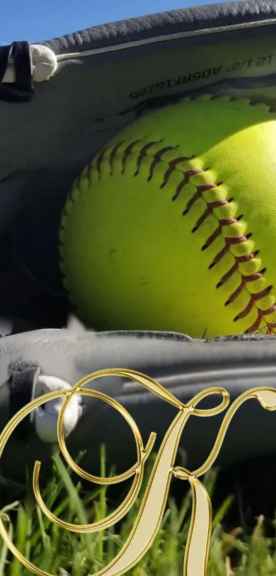 Softball nestled in a glove against a sunny field background.