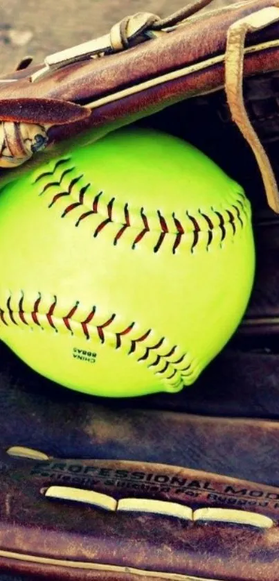 Bright green softball in a brown leather glove on a mobile wallpaper.