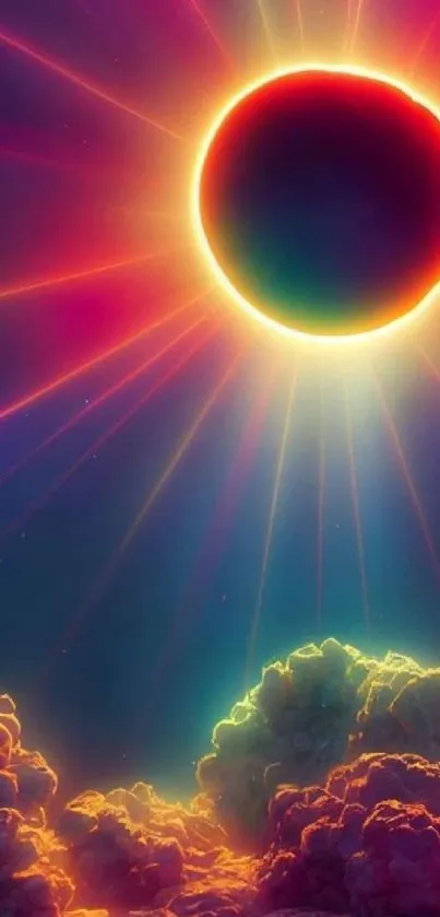 Vibrant cosmic solar eclipse with colorful light rays.