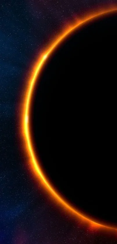 Solar eclipse with vibrant orange glow on a cosmic background.