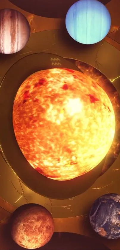 Vibrant solar system art with planets surrounding the sun.