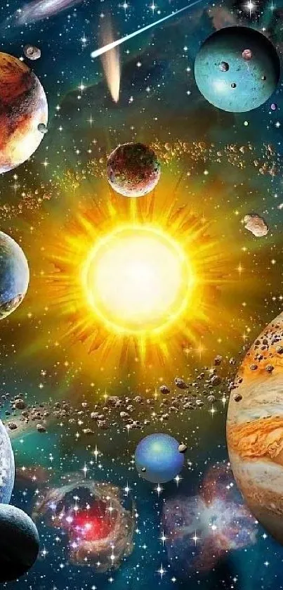 Colorful solar system wallpaper with planets and bright sun.