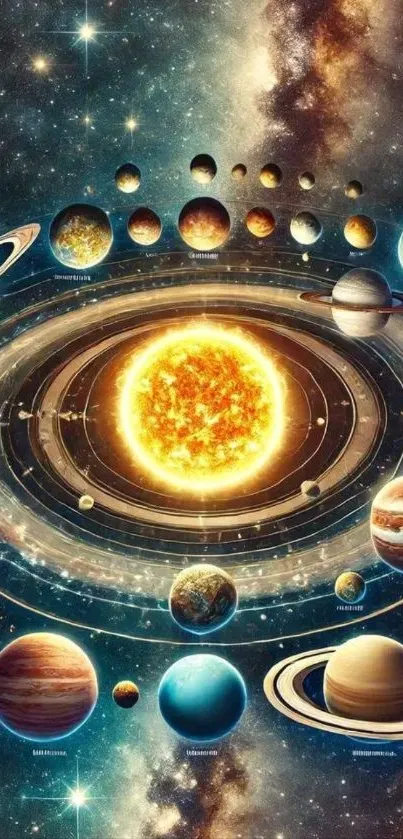 Vibrant solar system with planets around sun.