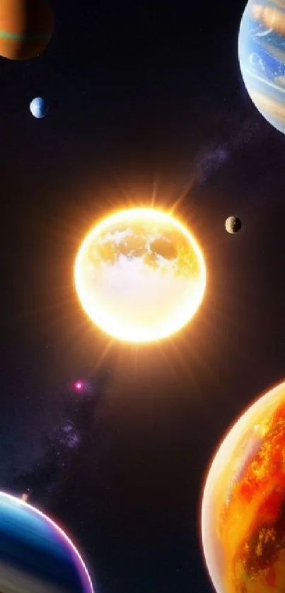 Vibrant solar system wallpaper with colorful planets and a glowing sun.