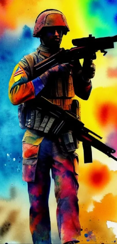 Colorful soldier illustration with vibrant blue and orange watercolors.