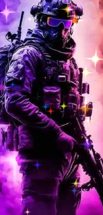 Futuristic soldier in vibrant galaxy hues with colorful sparkles.