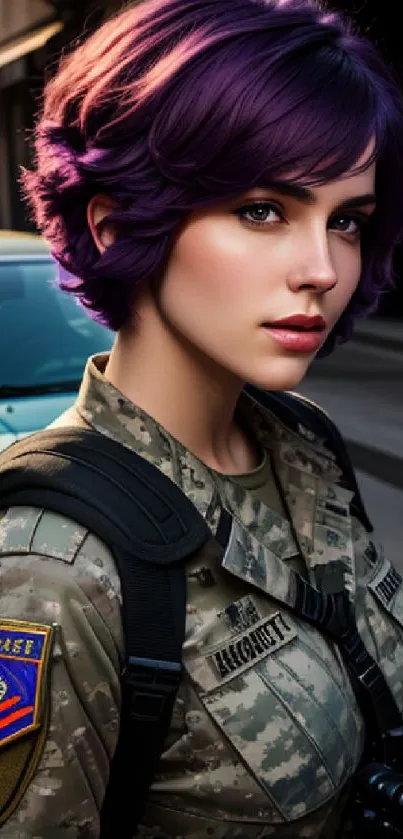 A young soldier with purple hair in a street setting, bold and vibrant.