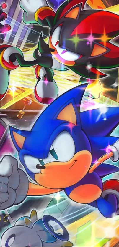 Dynamic Sonic and Shadow art with vibrant colors.