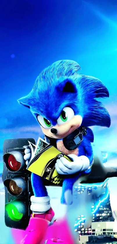 Sonic the Hedgehog in a vibrant scene with a blue background.