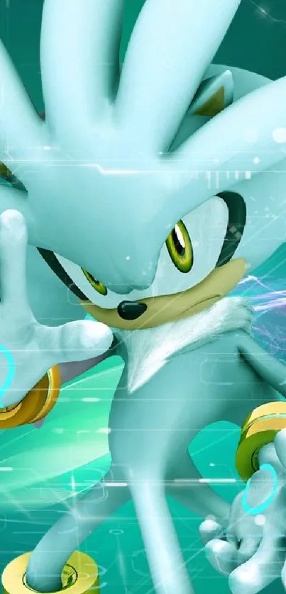 Sonic character in action on teal background wallpaper.