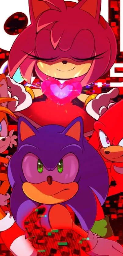 Sonic and friends in a vibrant red themed wallpaper.