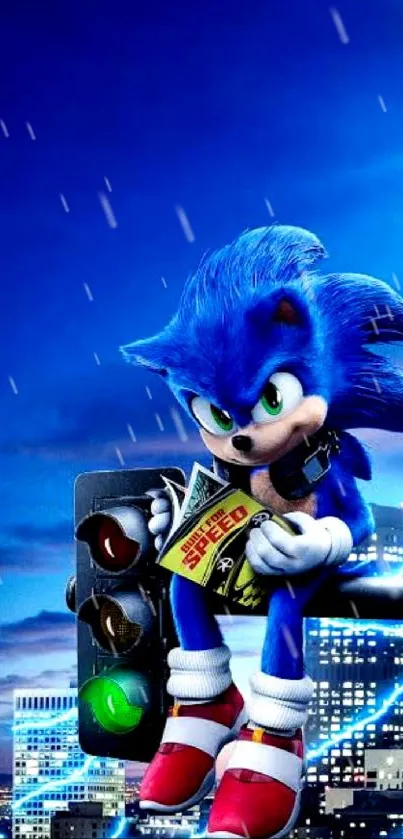 Sonic sitting on a traffic light with a vibrant blue cityscape.