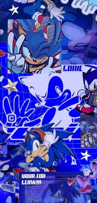 Sonic the Hedgehog collage in vibrant blue tones, featuring dynamic character designs.