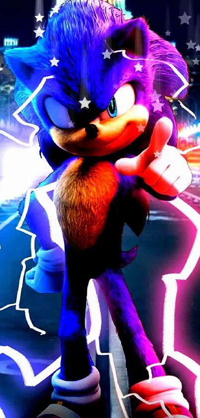 Vibrant Sonic character with electric aura on cityscape wallpaper.