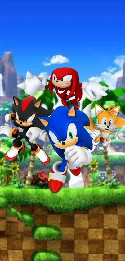 Sonic and friends in a vibrant landscape wallpaper.