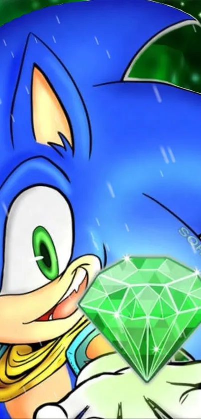 Vibrant cartoon wallpaper featuring Sonic with a radiant green jewel.