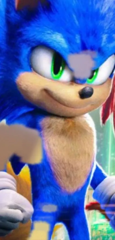 Vibrant Sonic character on a colorful mobile wallpaper background.
