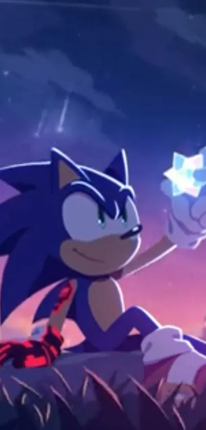 Sonic holding a glowing crystal under a twilight sky in a vibrant wallpaper.