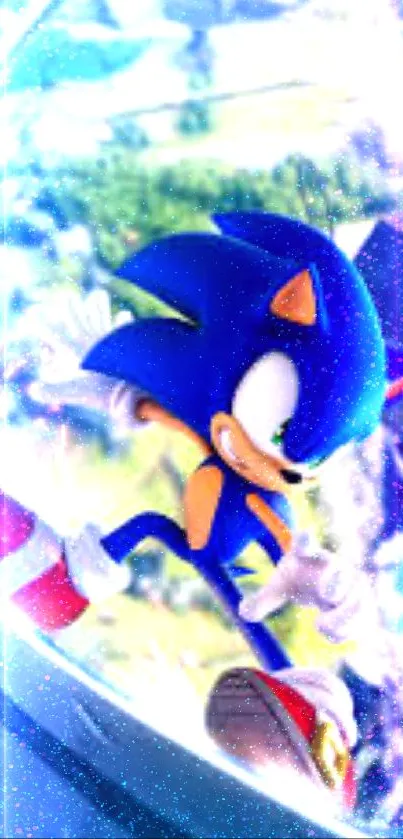 Vibrant Sonic character on curve with scenic background.