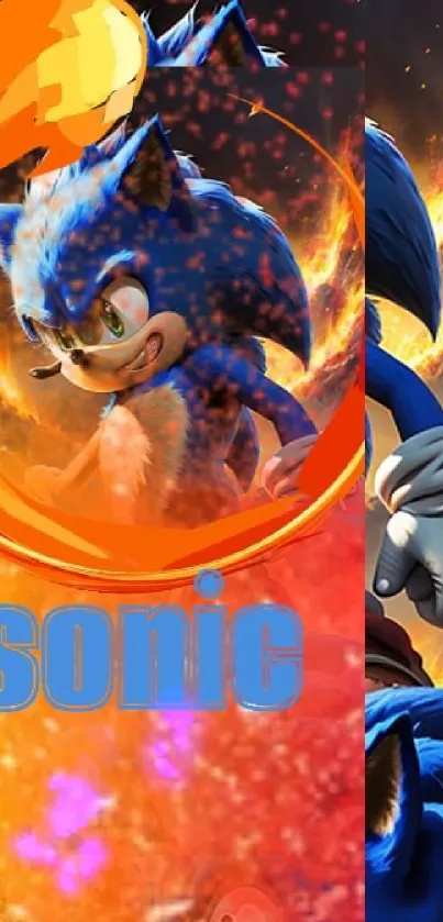 Sonic the Hedgehog in dynamic pose with vibrant flames background.