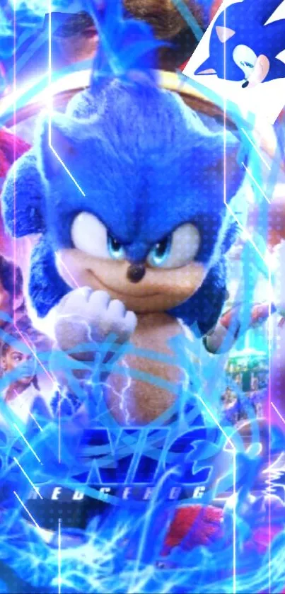 Vibrant Sonic character surrounded by dynamic blue lightning.