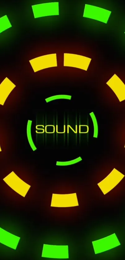 Vibrant sound wave wallpaper with glowing circles in green and yellow.