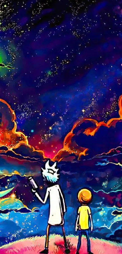 Animated characters exploring vibrant cosmic galaxy.