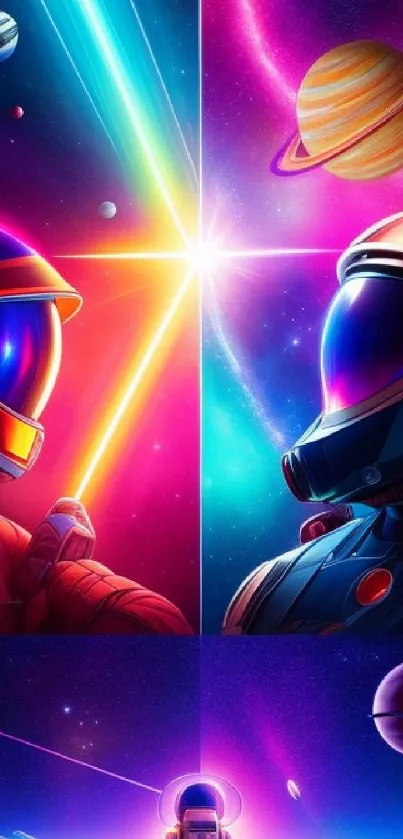 Vibrant sci-fi wallpaper with astronauts and planets in colorful space.