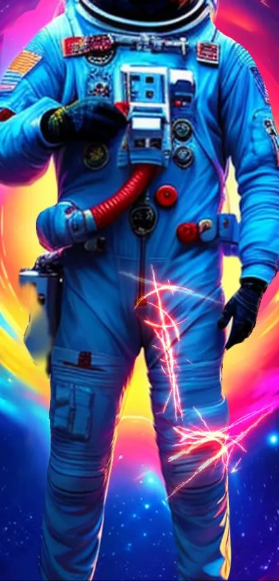 Colorful astronaut in space-themed wallpaper with vibrant hues.